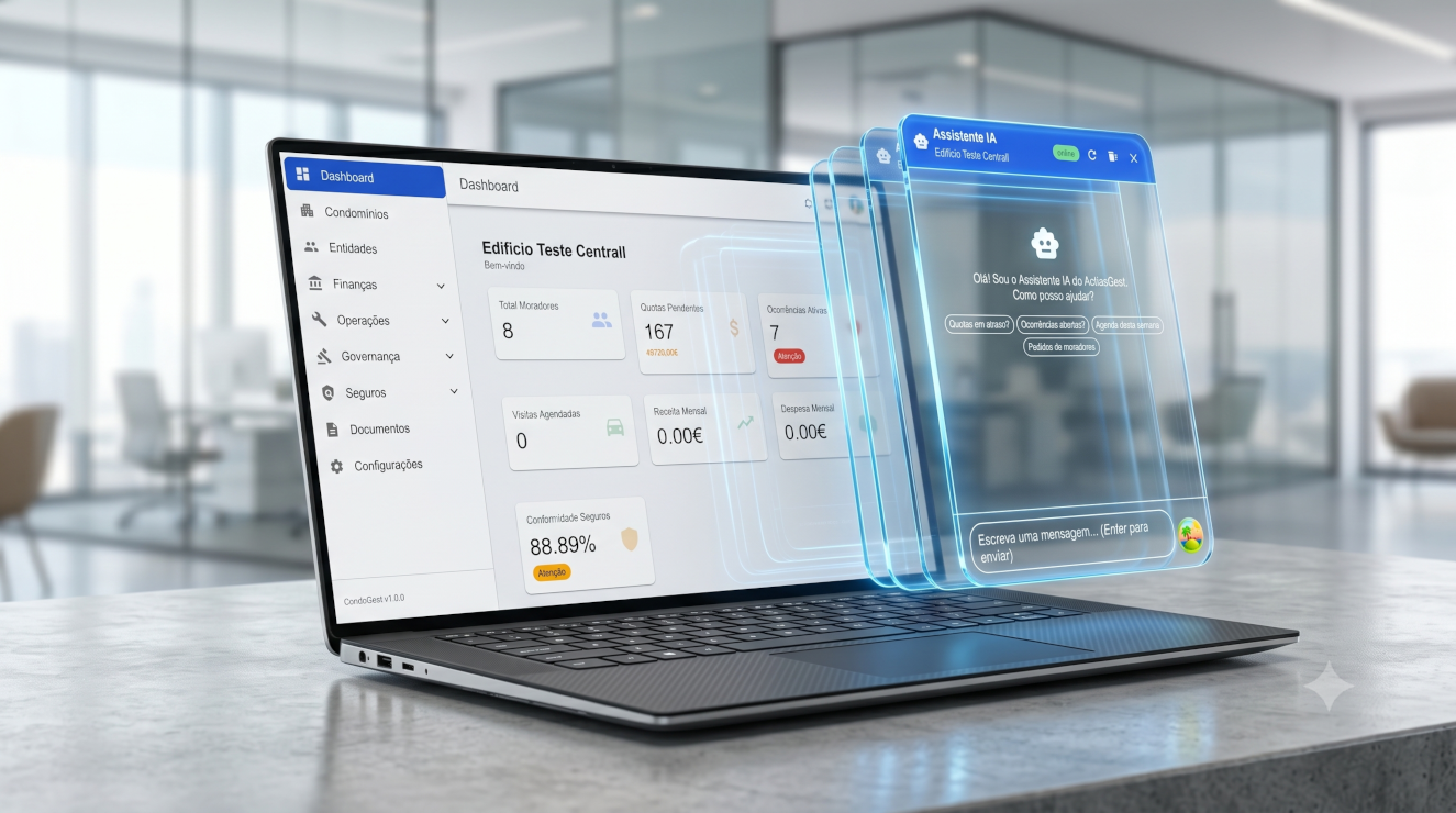 Dashboard ActiasGest com chat aberto e assistente virtual